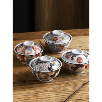 日式復古陶瓷米飯碗帶蓋碗蒸蛋碗家用湯碗燉盅點心碗泡麵碗嗦粉碗