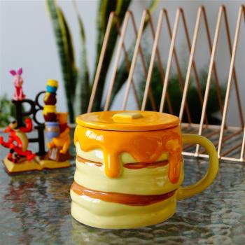 JW 釉下彩手繪可愛蜂蜜松餅造型馬克杯帶蓋手工不規則個性咖啡杯