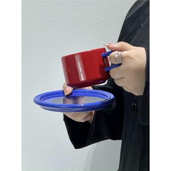小眾設計款ins風撞色咖啡杯碟下午茶拿鐵杯陶瓷馬克杯高顏值杯碟