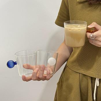 韓國ins風圓球把手玻璃杯咖啡杯耐熱茶杯蘇打氣泡水飲料杯高顏值