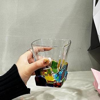 ins個性創意blingbling手工彩繪方塊水晶玻璃杯威士忌杯果汁水杯