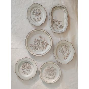 外單 法式浮雕花朵復古做舊陶瓷餐盤子意面盤 西餐盤魚盤碟子歐式