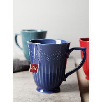 華孚法式復古浮雕花紋水杯陶瓷馬克杯 純色大容量茶杯歐式咖啡杯