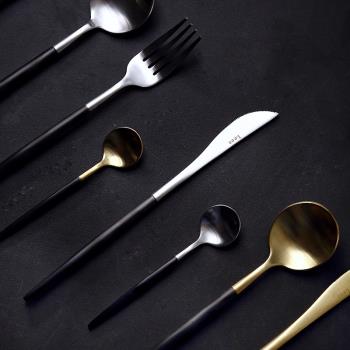 金色款拉絲黑色把不銹鋼西餐餐具套裝甜點勺咖啡勺手柄牛排刀叉勺