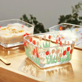 玻璃方形碗創意雛菊花朵小食碗零食點心碗郁金香花朵透明沙拉碗