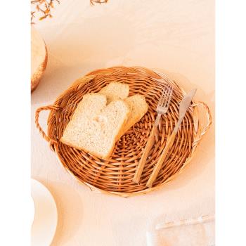 梵魚編織日式藤編托盤雙耳野餐果盤面包籃點心盤竹編圓形面包筐