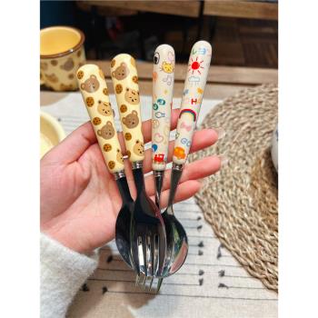 奶油曲奇熊兒童勺子陶瓷手柄304不銹鋼寶寶吃飯家用餐勺叉子餐具