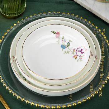 窩盤飯盤深盤湯盤描金骨瓷景德鎮陶瓷器韓式家用單個創意套裝餐具