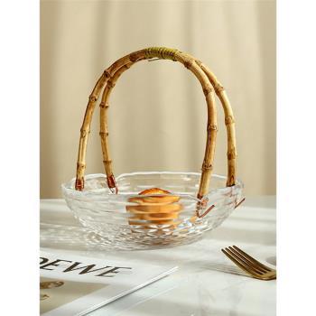 日式布紋玻璃藤編手提果籃水果盤子高顏值家用客廳茶幾甜品點心盤