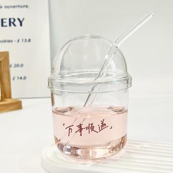 簡約水杯女大容量透明韓版ins玻璃杯耐熱高顏值帶蓋吸管牛奶杯子