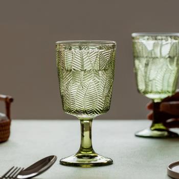 玻璃清新葉子浮雕歐式高腳杯 復古綠色喝水酒杯子飲料杯葡萄酒杯
