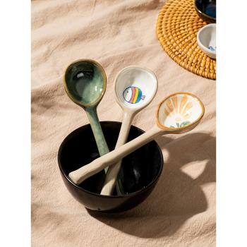 吉田社日式陶瓷勺子高顏值飯勺粗陶大湯勺家用喝湯小調羹吃播湯匙