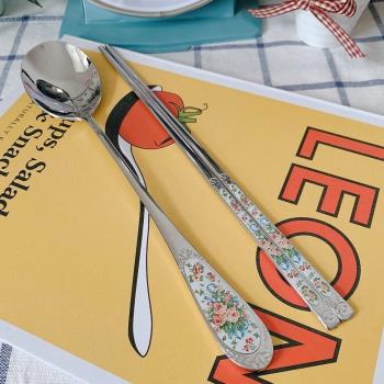 韓國進口SMF英式玫瑰花束 304不銹鋼勺子筷子 實心扁筷子勺子套裝