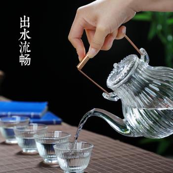 銅柄鶴首形菊筋紋高品質精工耐熱玻璃家用提梁泡茶壺燒水壺煮茶壺