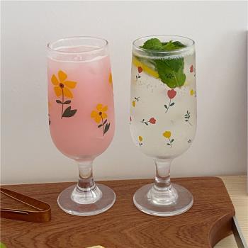 阿寶-自制韓風小眾ins法式復古花朵高腳杯酒杯果汁飲料玻璃水杯