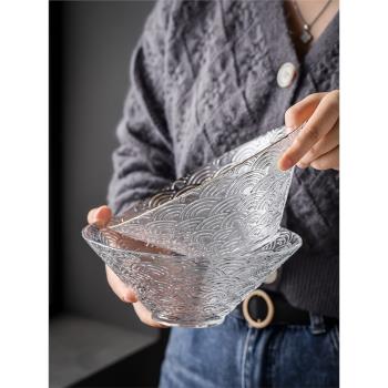 日式大號玻璃沙拉碗圓形透明螺螄粉拉面斗笠碗家用8寸湯碗水果碗