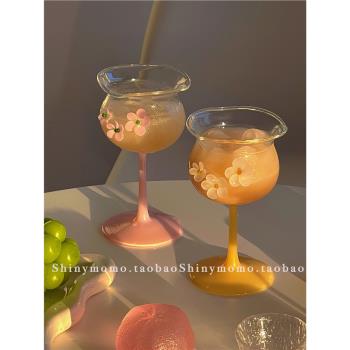 Shinymomo彩色創意玻璃水杯小眾玻璃異形高腳酒杯韓風ins可愛花杯
