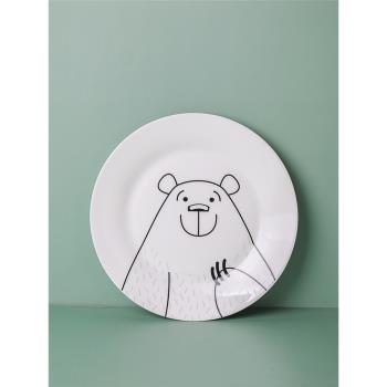 北歐風格餐具可愛卡通圖案熊/貓咪盤子創意陶瓷圓形餐盤家用淺盤