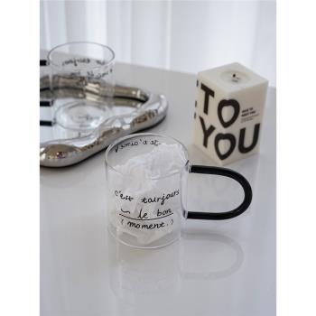 ES| 原創設計法式字母ins玻璃水杯vlog創意大把手杯子牛奶咖啡杯