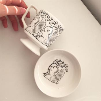 Endless stars 韓國小眾同款松鼠插畫復古高腳馬克杯咖啡杯碟套裝