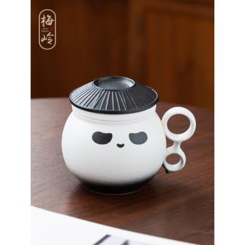 熊貓帶蓋過濾泡茶杯情侶辦公室茶杯馬克杯家用陶瓷水杯茶水分離杯