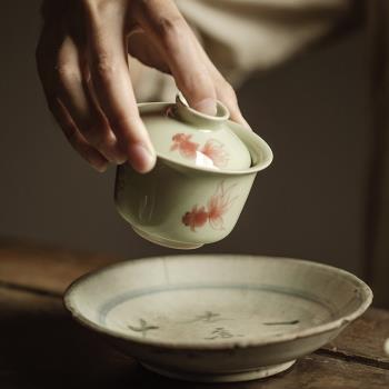 束刻仿古秘黃釉手繪有魚惜玉單蓋碗功夫茶具手工薄胎不燙手泡茶碗