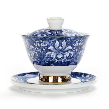 舊望格青花瓷大號三才碗陶瓷描金蓋碗清新白瓷大號泡茶碗敬茶杯
