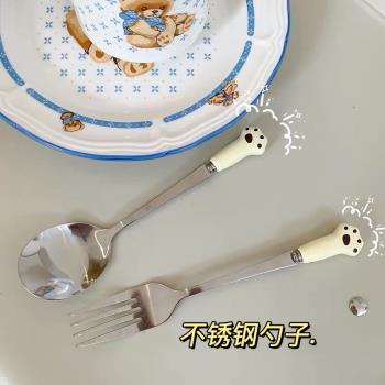 ins叉子家用可愛卡通冰淇淋貓爪勺伴手禮陶瓷勺子不銹鋼勺叉套裝