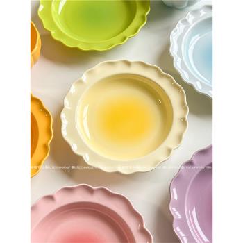 韓式ins漸變色高顏值陶瓷盤子創意沙拉碗意面深盤花朵造型甜品碗