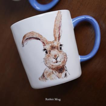出口歐美可愛插畫兔子圖案馬克杯大容量500ML陶瓷水杯 咖啡杯藍色