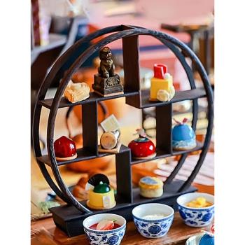 新中式復古點心托盤木質下午茶甜品架酒店會所餐廳茶點意境菜餐具