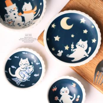 日本進口 貓貓的日常手繪插畫菜盤魚盤碟子 釉下彩磨砂餐具 大愛