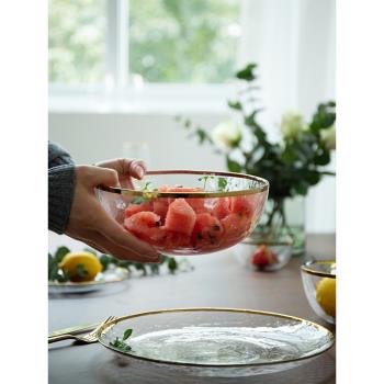 米立風物日式金邊錘紋玻璃碗家用透明西餐盤蔬菜水果沙拉碗早餐碗