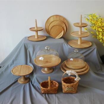 森系木質甜品臺展示架套裝下午茶點心架高腳旋轉蛋糕托盤玻璃罩