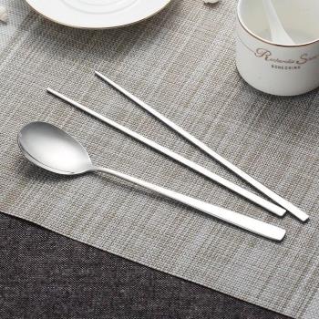 韓式不銹鋼實心扁形筷子勺套裝韓式鐵筷子勺子長柄湯勺拌飯扁筷