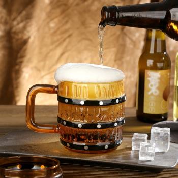 創意海賊王玻璃杯木桶杯加厚帶把大容量啤酒杯耐熱高硼硅水杯帶蓋