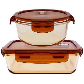 樂和家玻璃飯盒耐熱玻璃保鮮盒微波爐可用保鮮盒玻璃碗密封琥珀色