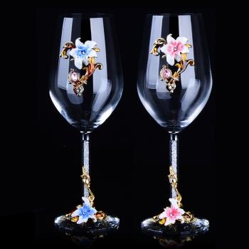 高檔水晶紅酒杯高腳杯花朵套裝家用創意情侶可愛歐式奢華進口酒具