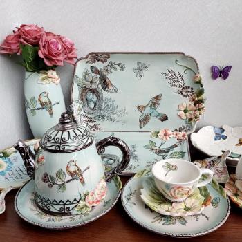 美國品牌FF釉下彩陶瓷茶具小鳥茶盤歐式家用餐盤下午花茶杯盤套裝
