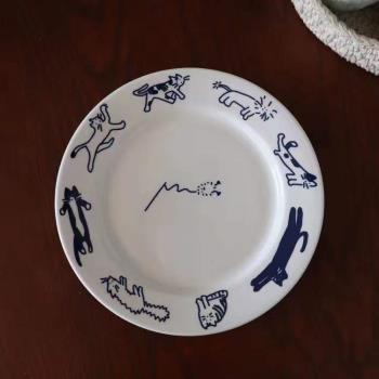 韓國ins風復古小貓藍色早餐陶瓷盤子甜品盤西餐盤可愛少女心法式