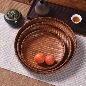 手工竹編水果盤復古茶點盤中式家用點心碗零食盤做舊收納果籃茶道