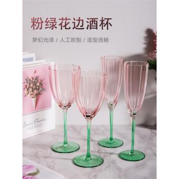 中古紅酒杯復古創意漸變色花朵高腳杯水晶玻璃家用葡萄酒杯香檳杯