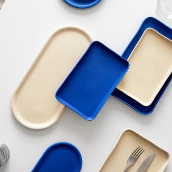 北歐風克萊因藍托盤陶瓷長方形橢圓盤首飾收納盤甜品西餐盤子