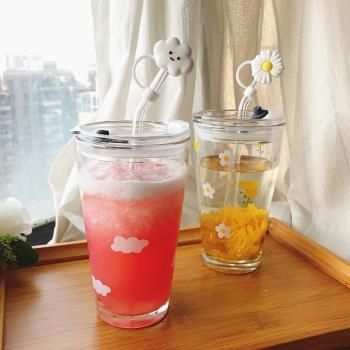 日系雲朵玻璃水杯ins風草莓吸管杯子大容量花朵小清新帶蓋果汁杯