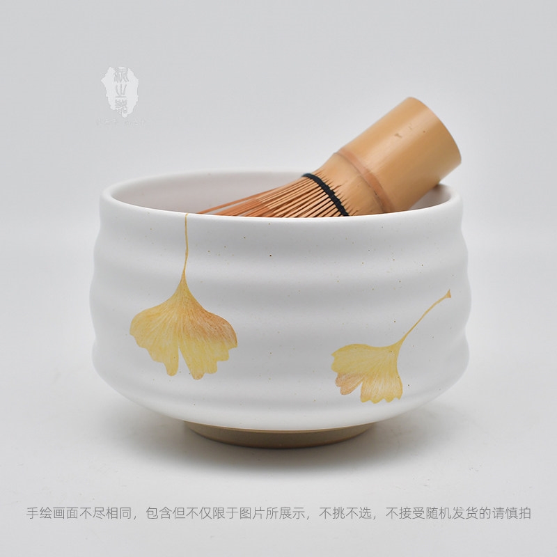 泥之器手繪銀杏葉釉上彩金日式抹茶碗陶瓷粗陶禪意白釉斑點茶碗|茶道/零