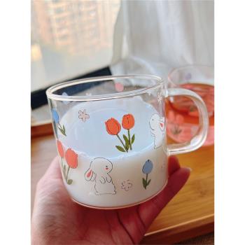 日式可愛兔子玻璃杯耐熱帶蓋小清新早餐水杯郁金香學生牛奶杯子