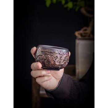 紫陶大號茶杯陶瓷茶具手工深堆雕龍鳳高檔茶碗品茗單個茶盞主人杯