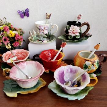 Function art出口優品手繪釉下彩陶瓷咖啡杯碟三件套下午茶杯盤