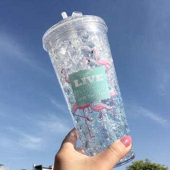 碎冰杯吸管學生便攜水杯夏天少女網紅創意高顏值雙層制冷塑料杯子