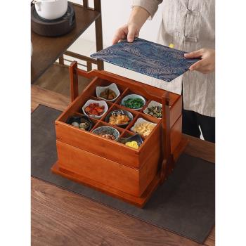 復古多格餐盤 竹制多層提籃托盤 中式彩禮盒喜糖盒戶外茶具收納盒